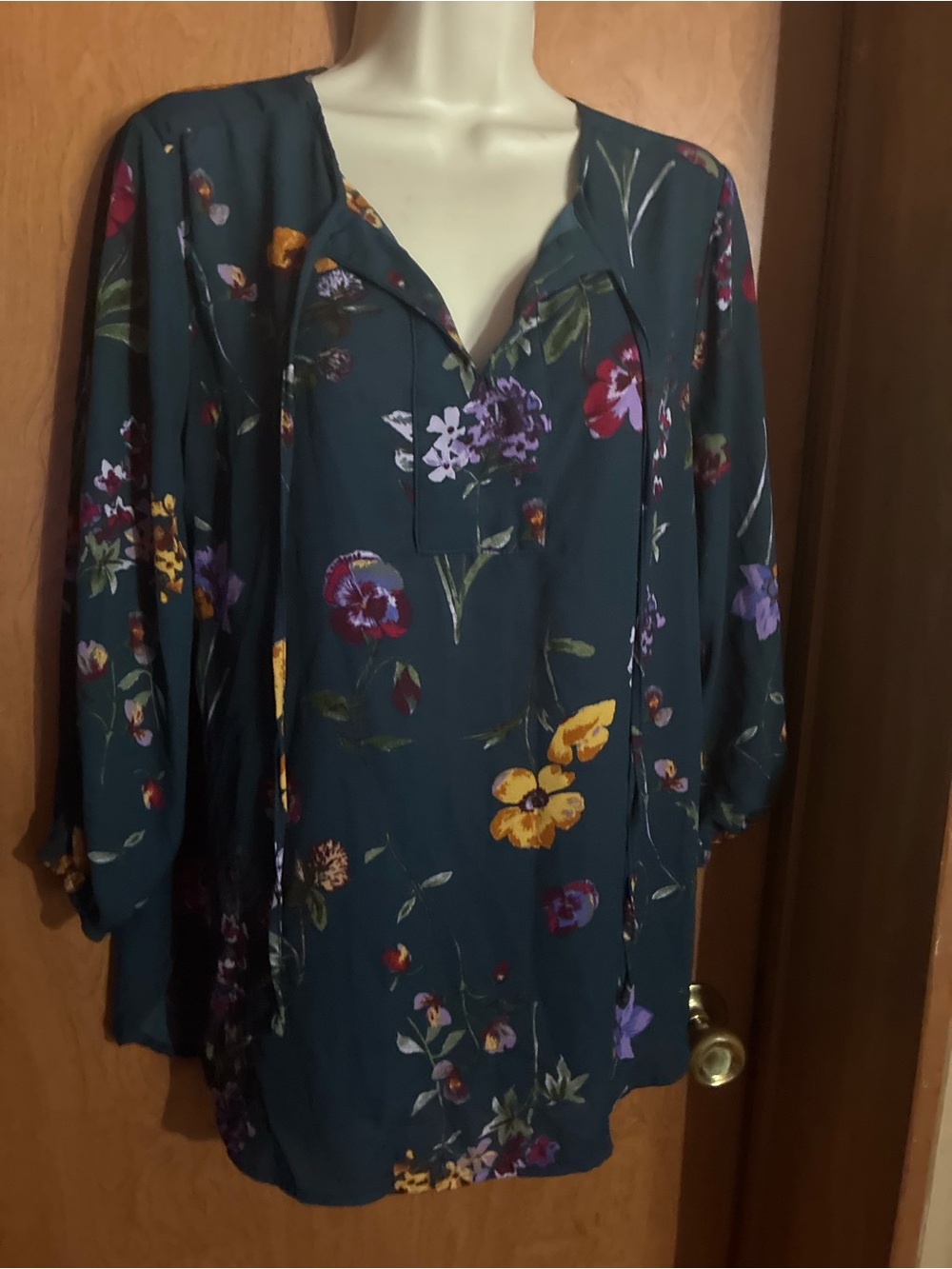 Floral V-Neck Women’s Blouse - Dark Teal